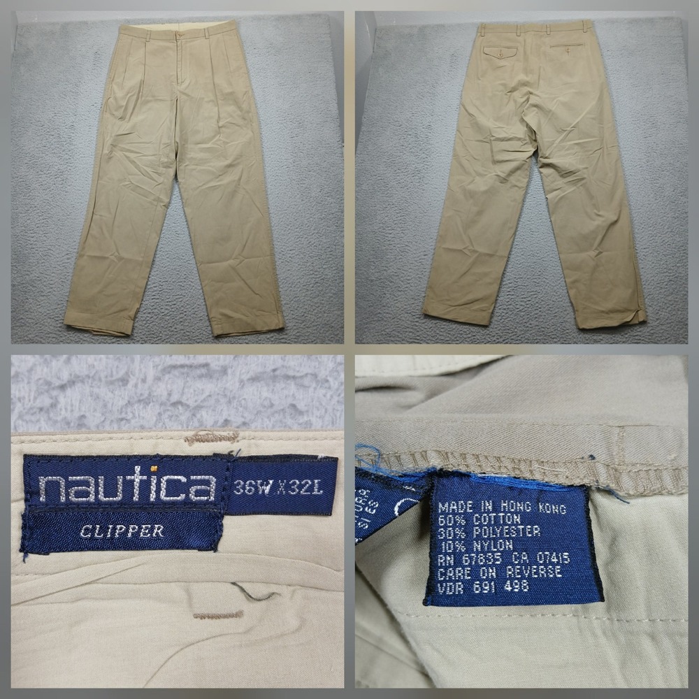 Nautica Clipper Pants Men 36x32‎ Khaki Pleated Classic Fit Cotton Blend